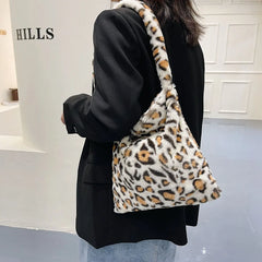 Women Plush Bag Shoulder Bags Animal Pattern Print Shopper Bag