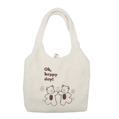 Plush Bear Embroidered Shoulder Tote Bag Canvas Soft Handbag