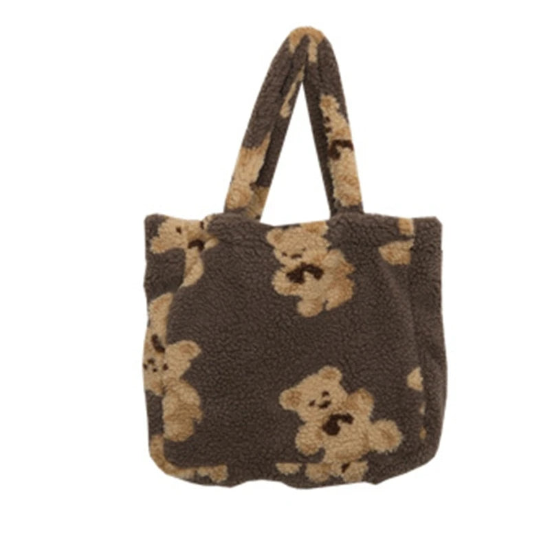 Women Plush Bear Handbags Girls Lamb Like Fabric Shoulder Bag
