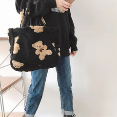 Women Plush Bear Handbags Girls Lamb Like Fabric Shoulder Bag