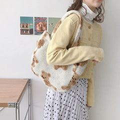 Women Plush Bear Handbags Girls Lamb Like Fabric Shoulder Bag