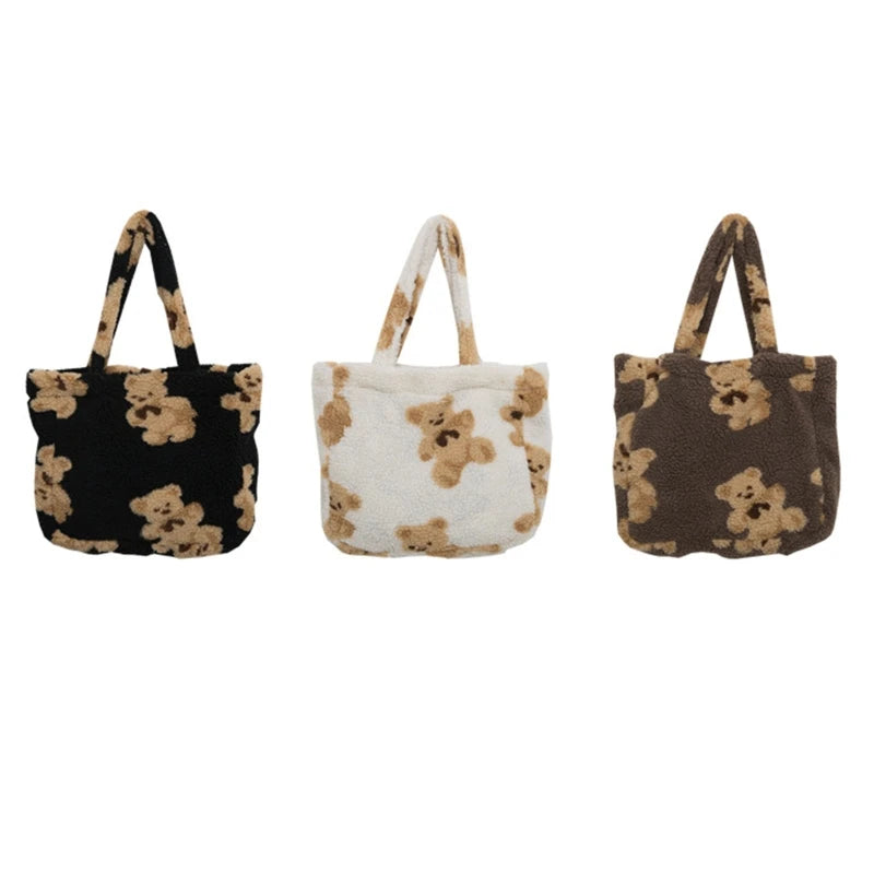 Women Plush Bear Handbags Girls Lamb Like Fabric Shoulder Bag