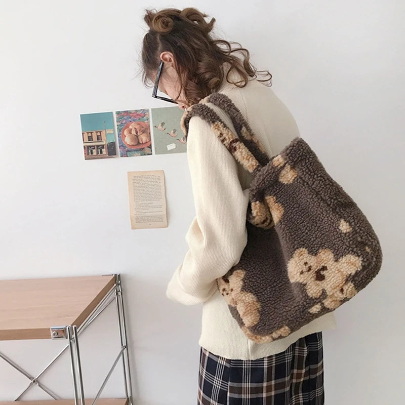 Women Plush Bear Handbags Girls Lamb Like Fabric Shoulder Bag