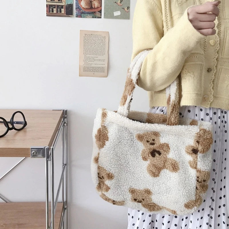 Women Plush Bear Handbags Girls Lamb Like Fabric Shoulder Bag