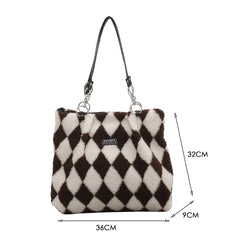 Women Plush Checkerboard Pattern Top-handle Bag Large Capacity