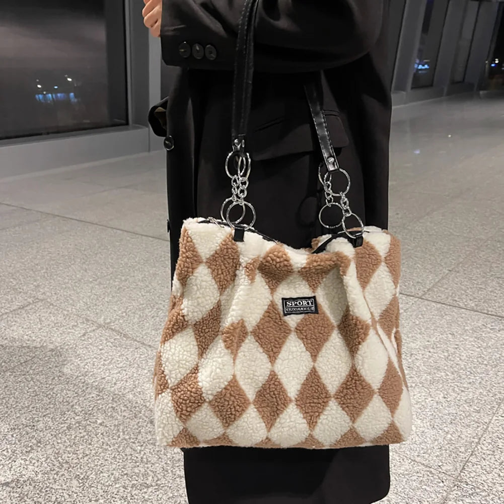 Women Plush Checkerboard Pattern Top-handle Bag Large Capacity
