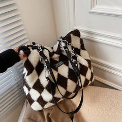 Women Plush Checkerboard Pattern Top-handle Bag Large Capacity