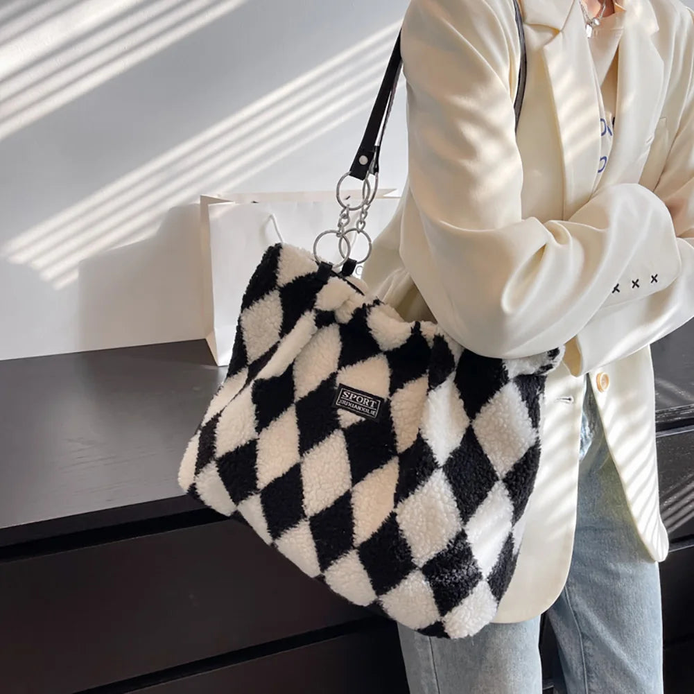 Women Plush Checkerboard Pattern Top-handle Bag Large Capacity