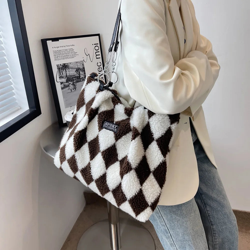 Women Plush Checkerboard Pattern Top-handle Bag Large Capacity