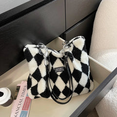 Women Plush Checkerboard Pattern Top-handle Bag Large Capacity