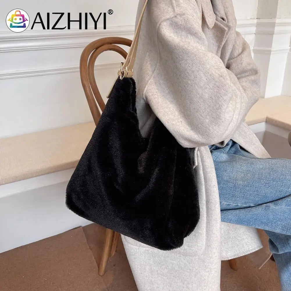 Plush Double Strap Handbag Warm Fabric Large Capacity Shopping Bags