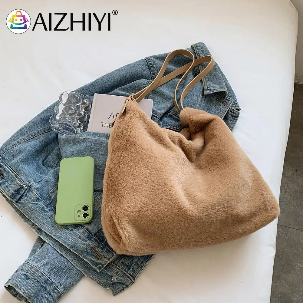 Plush Double Strap Handbag Warm Fabric Large Capacity Shopping Bags