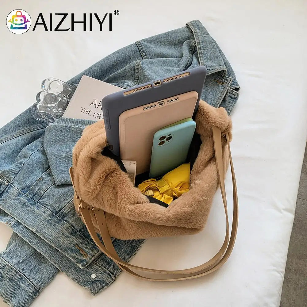 Plush Double Strap Handbag Warm Fabric Large Capacity Shopping Bags