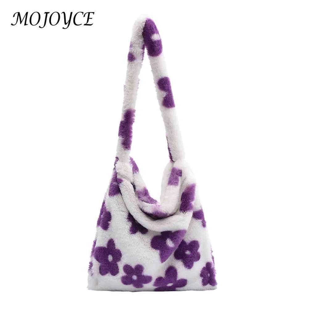 Women Plush Flower Pattern Shoulder Bag Winter Warm Fabric