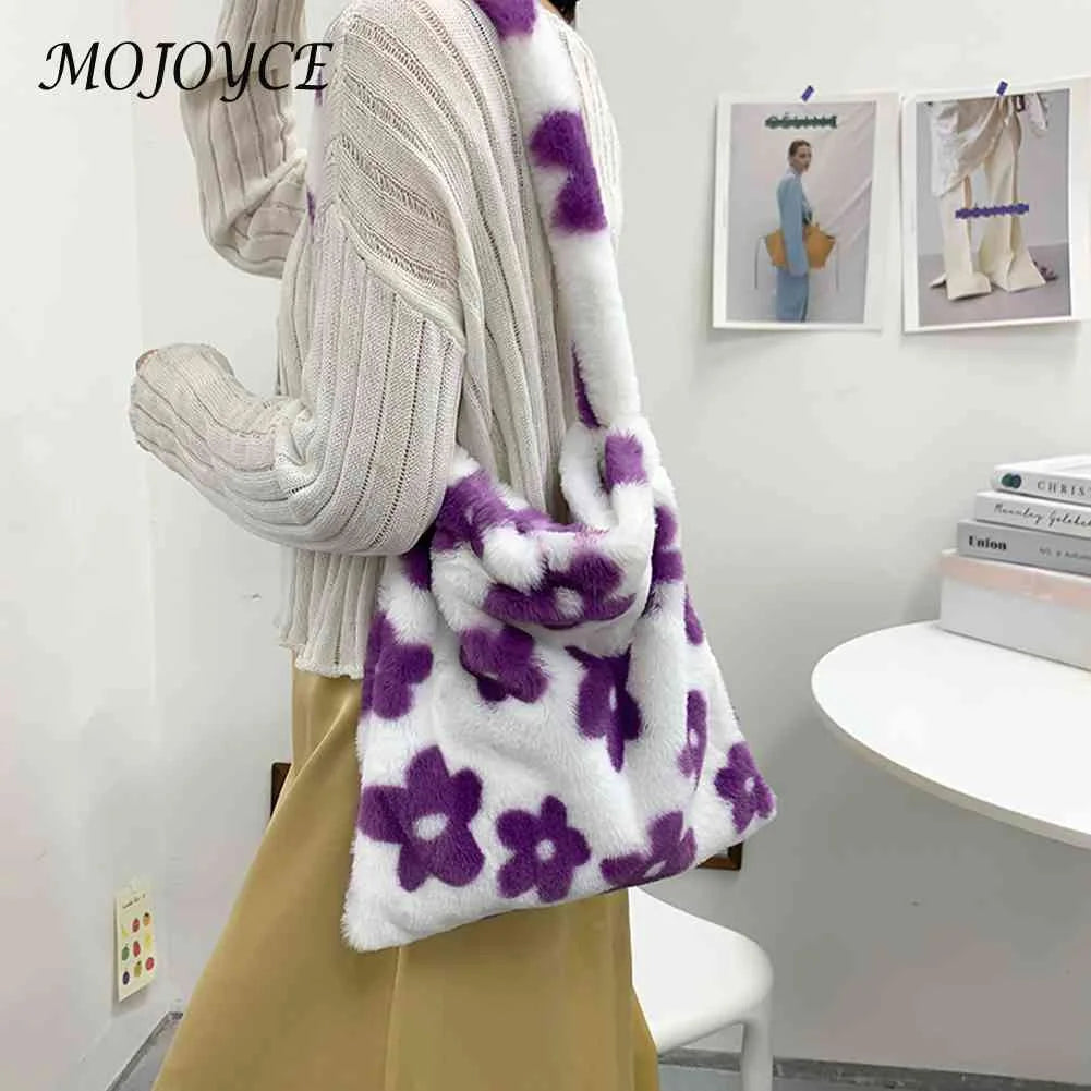 Women Plush Flower Pattern Shoulder Bag Winter Warm Fabric
