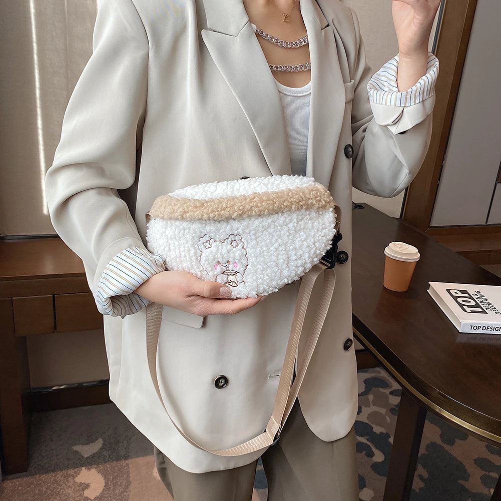 Women Plush Fur Bear Pattern Handbag Winter Mini Shoulder Bag