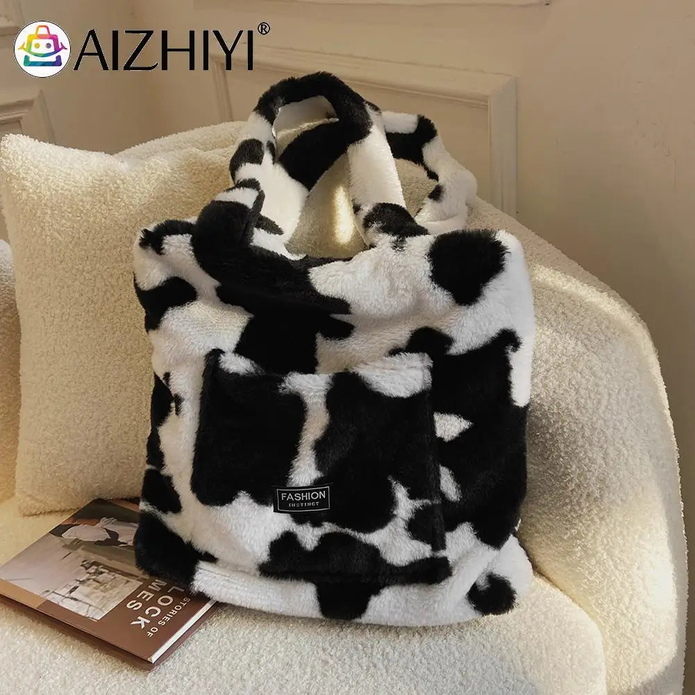 Women Plush Fur Cow Pattern Handbag Winter Zipper Large Capacity