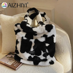 Women Plush Fur Cow Pattern Handbag Winter Zipper Large Capacity