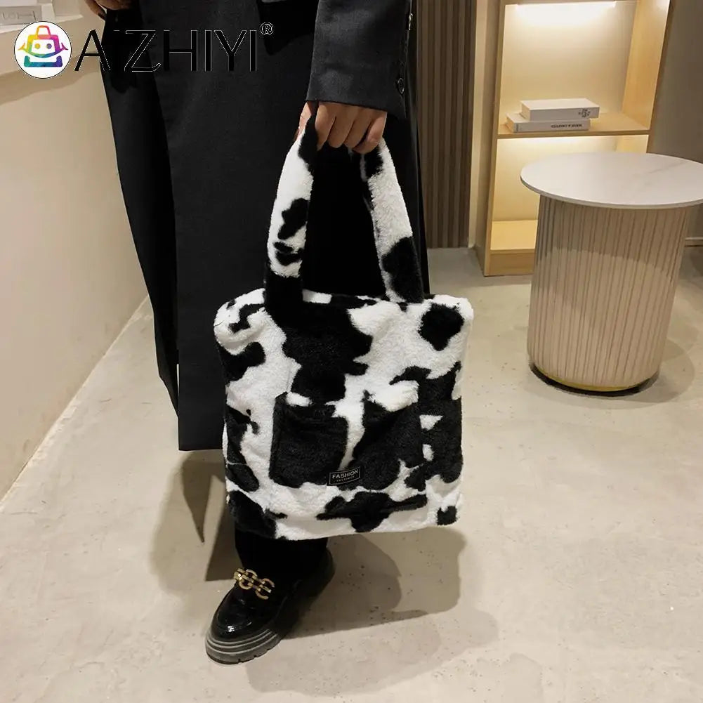 Women Plush Fur Cow Pattern Handbag Winter Zipper Large Capacity
