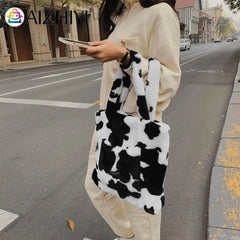 Women Plush Fur Cow Pattern Handbag Winter Zipper Large Capacity