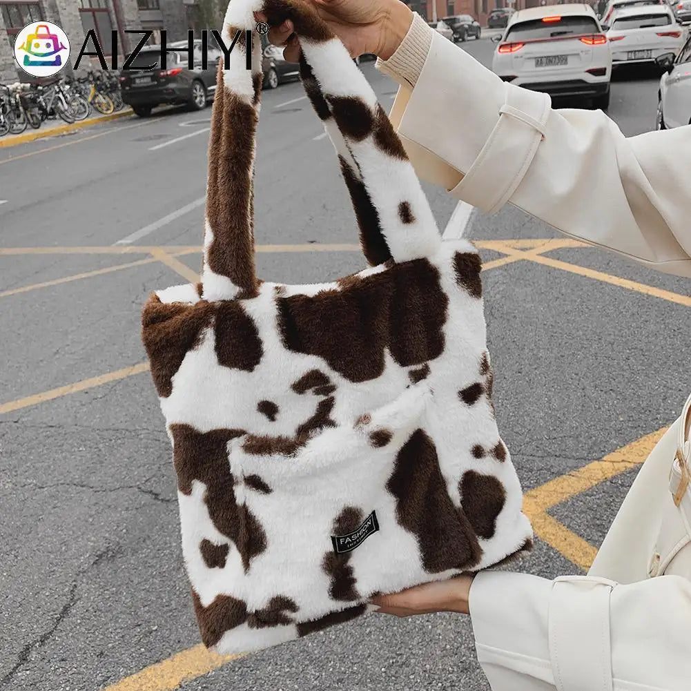 Women Plush Fur Cow Pattern Handbag Winter Zipper Large Capacity