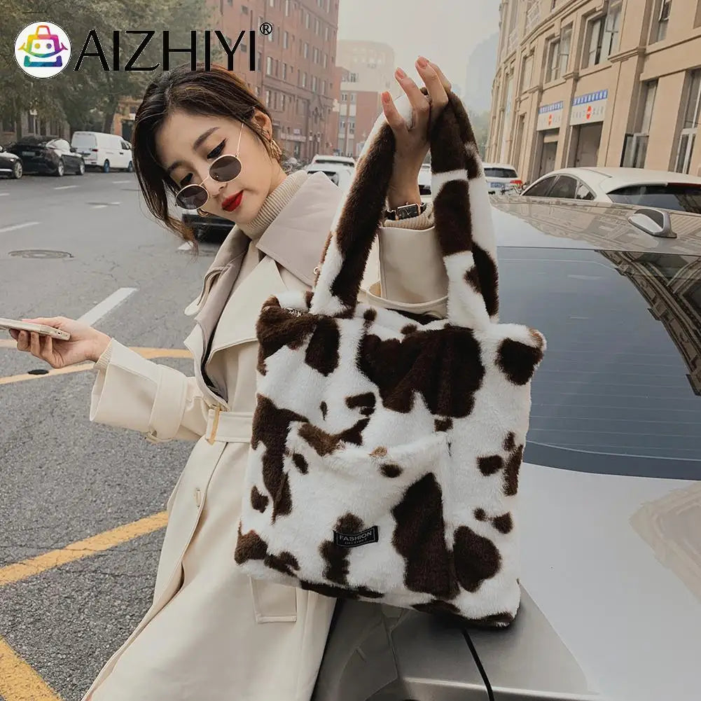 Women Plush Fur Cow Pattern Handbag Winter Zipper Large Capacity