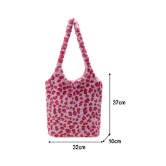 Women Plush Fur Cow Pattern Handbag Winter Zipper Large Capacity