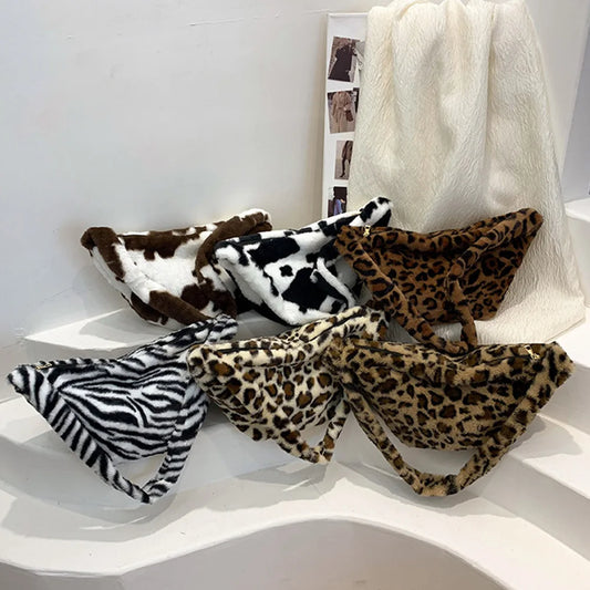 Women Plush Fur Crossbody Bag Winter Leopard Cow Printing Messenger Bag