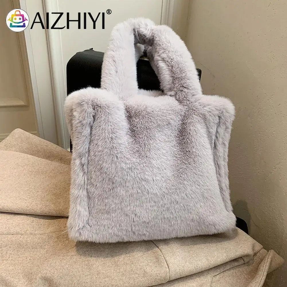 Women Plush Fur Solid Buckle Handbag Lady Winter Casual Mini Top-handle Bag