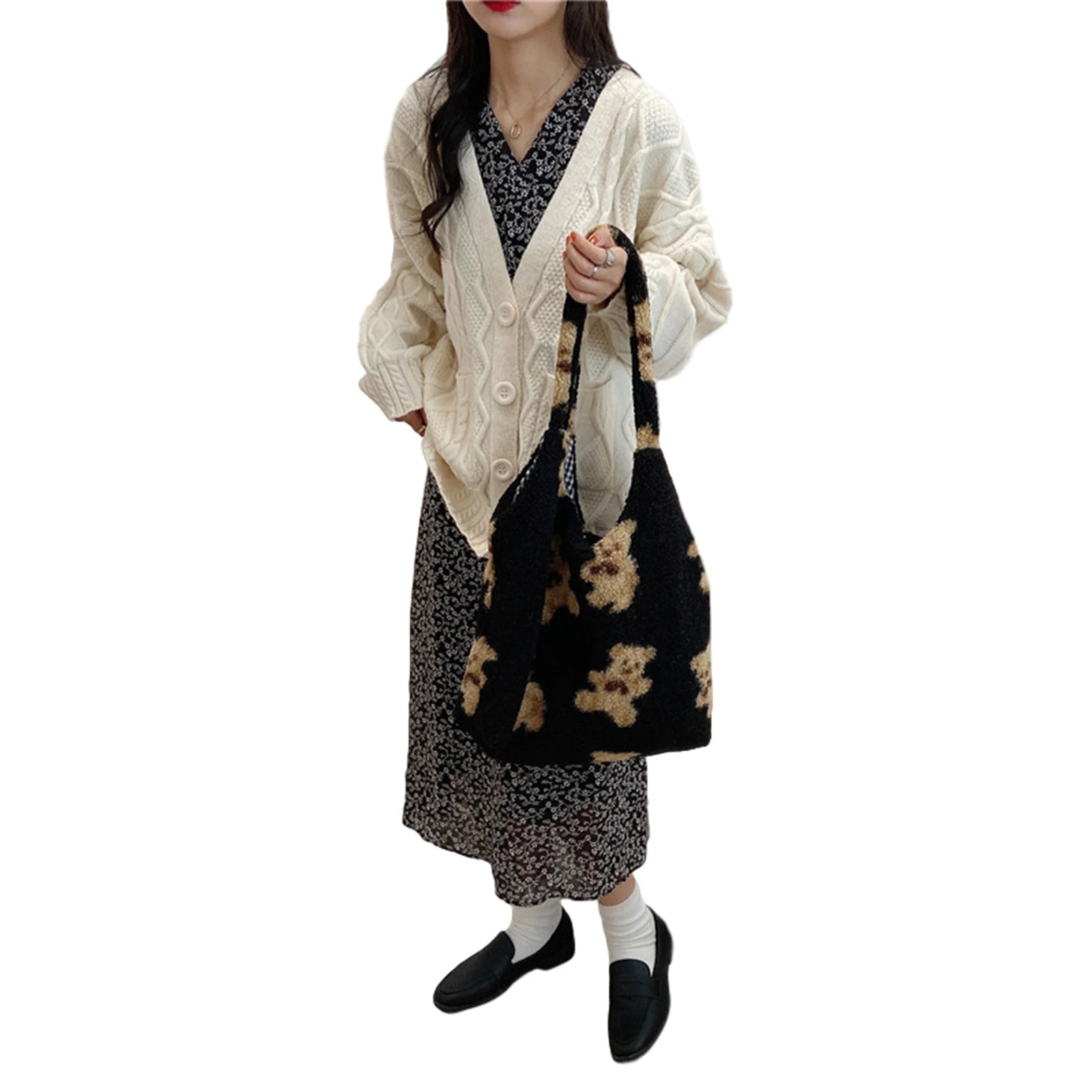 Plush Shoulder Bag Warm Cloth Handbag Soft Canvas Tote Large Capacity