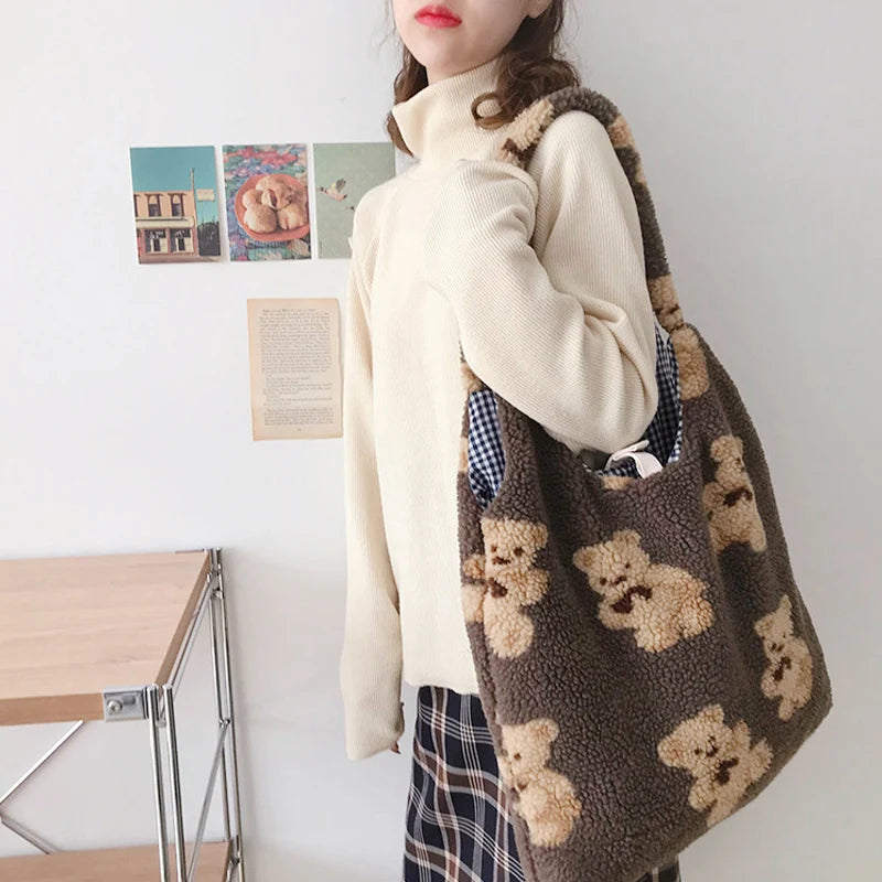Women Plush Shoulder Bag Soft Canvas Tote Large Capacity Handbag