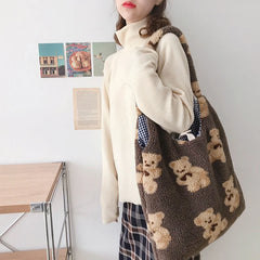 Women Plush Shoulder Bag Soft Canvas Tote Large Capacity Handbag