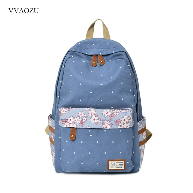 Women Polka Dots Canvas Laptop Backpack Floral Patchwork Rucksack