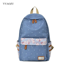 Women Polka Dots Canvas Laptop Backpack Floral Patchwork Rucksack