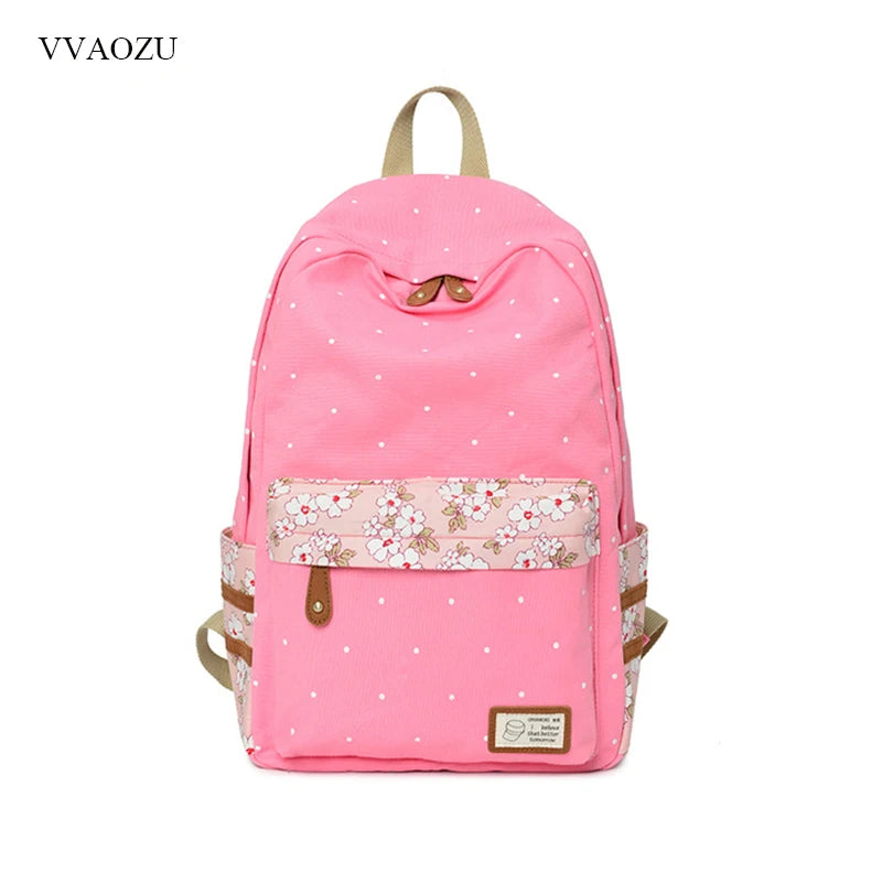 Women Polka Dots Canvas Laptop Backpack Floral Patchwork Rucksack