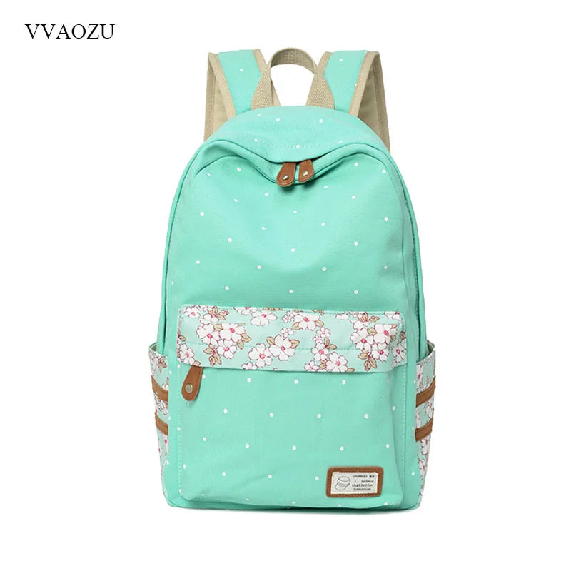 Women Polka Dots Canvas Laptop Backpack Floral Patchwork Rucksack