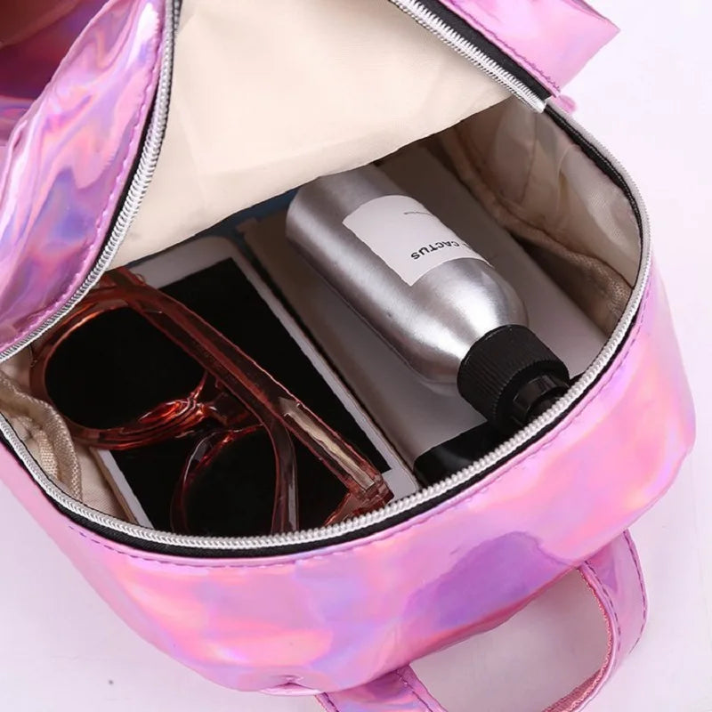 Silver Holographic Mini Leather Backpack for Women