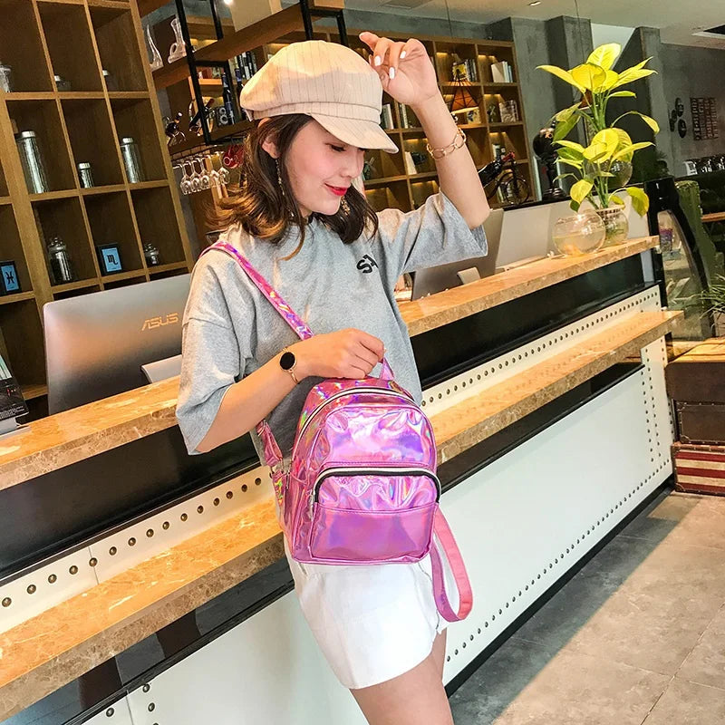 Silver Holographic Mini Leather Backpack for Women