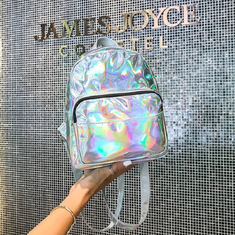 Silver Holographic Mini Leather Backpack for Women