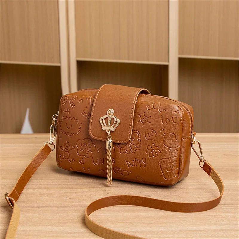 Women Pu Leather Print Tassel Crossbody Bags Casual Solid Shoulder Bag