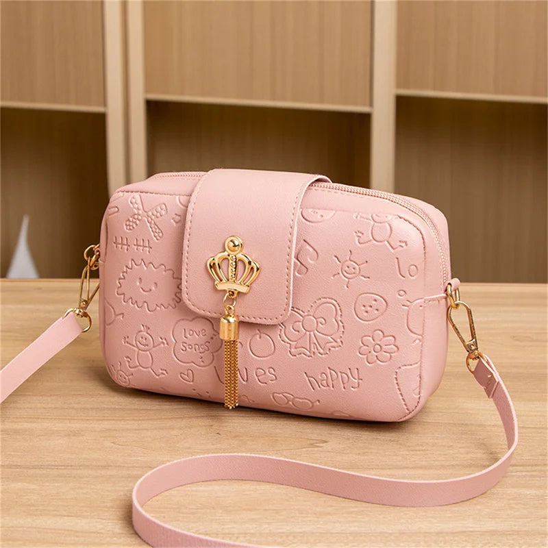 Women Pu Leather Print Tassel Crossbody Bags Casual Solid Shoulder Bag