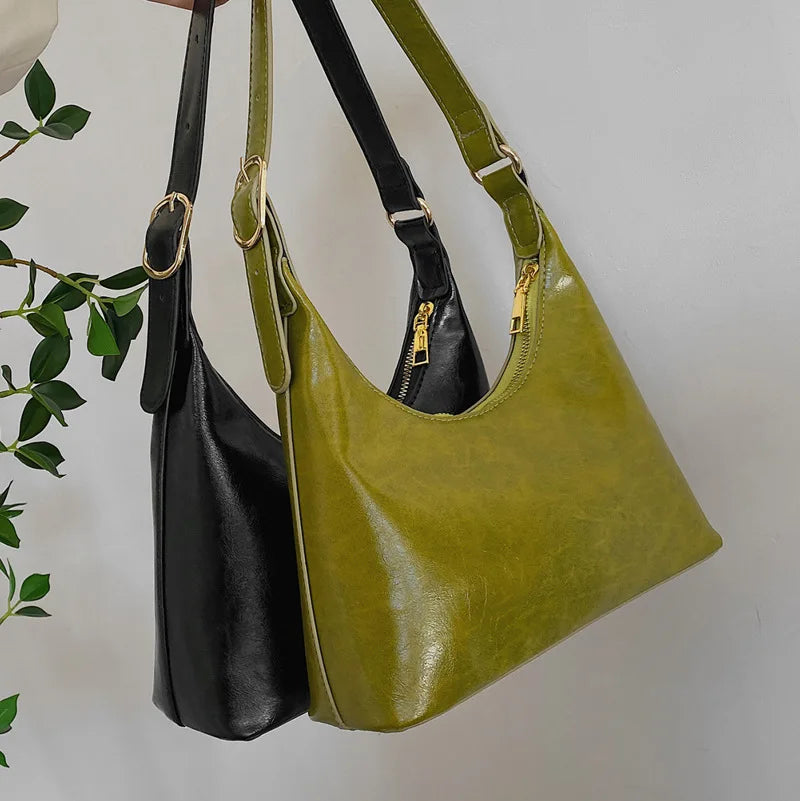Vintage PU Leather Shoulder Bag - Lady Zipper Tote Ins Armpit Bag for Girl