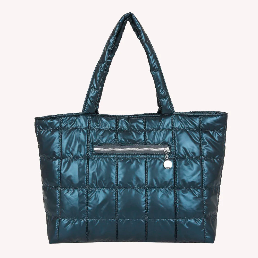 Women Quilted Lattice Shoulder Bag Vintage Solid Nylon Large Tote Handbags