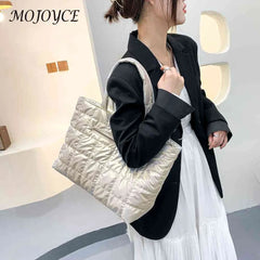 Women Quilted Lattice Shoulder Bag Vintage Solid Nylon Large Tote Handbags