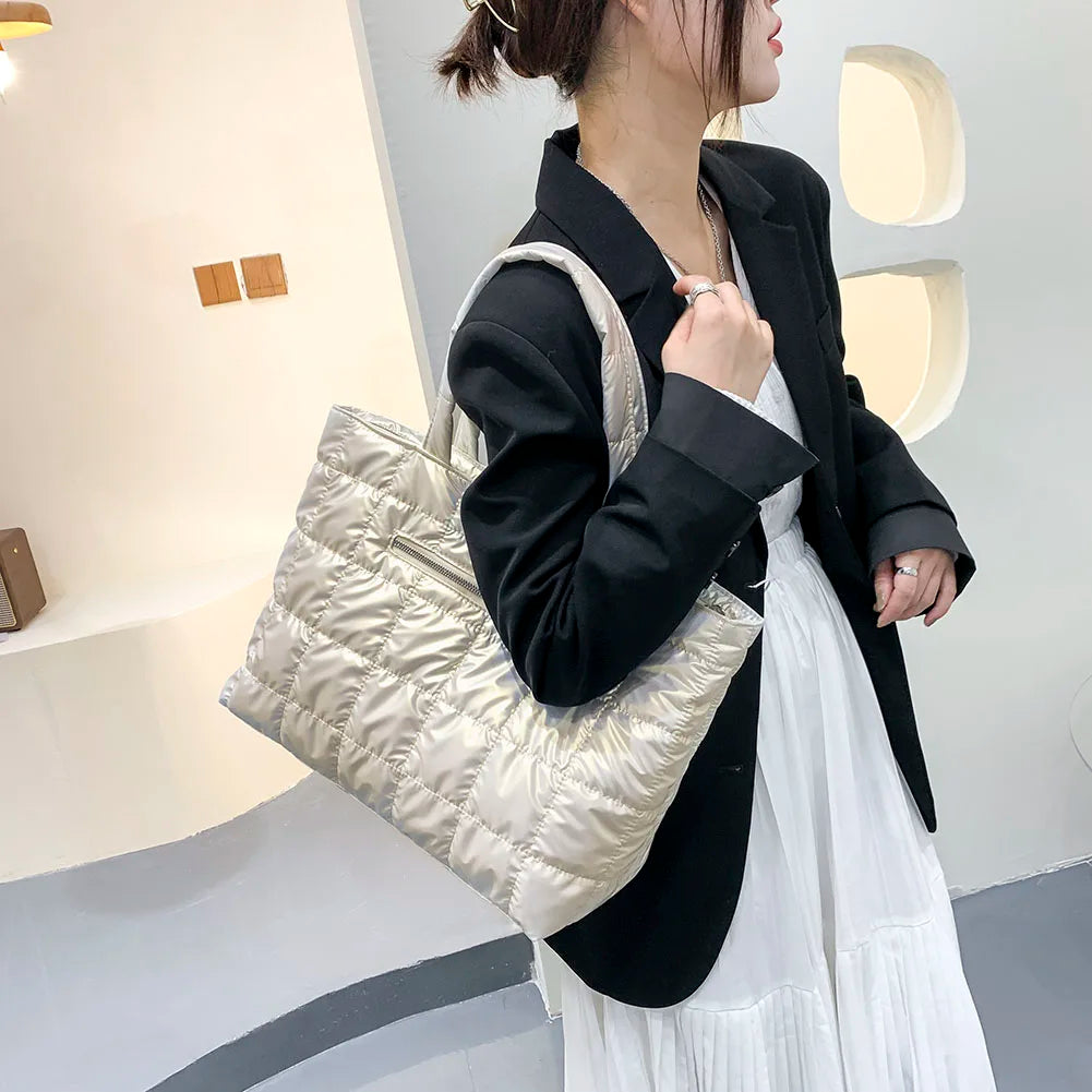 Vintage Quilted Shoulder Bag Solid Nylon Tote Handbag