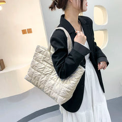 Vintage Quilted Shoulder Bag Solid Nylon Tote Handbag
