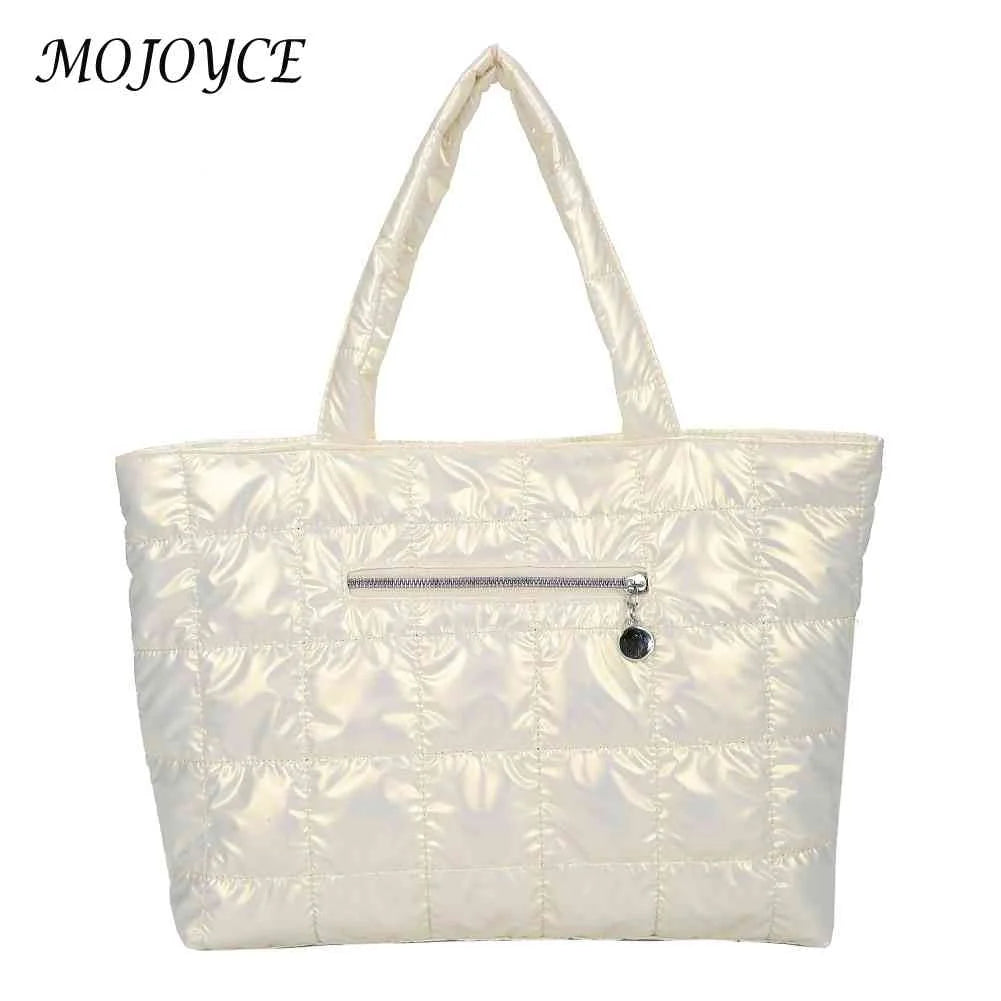 Women Quilted Lattice Shoulder Bag Vintage Solid Nylon Large Tote Handbags