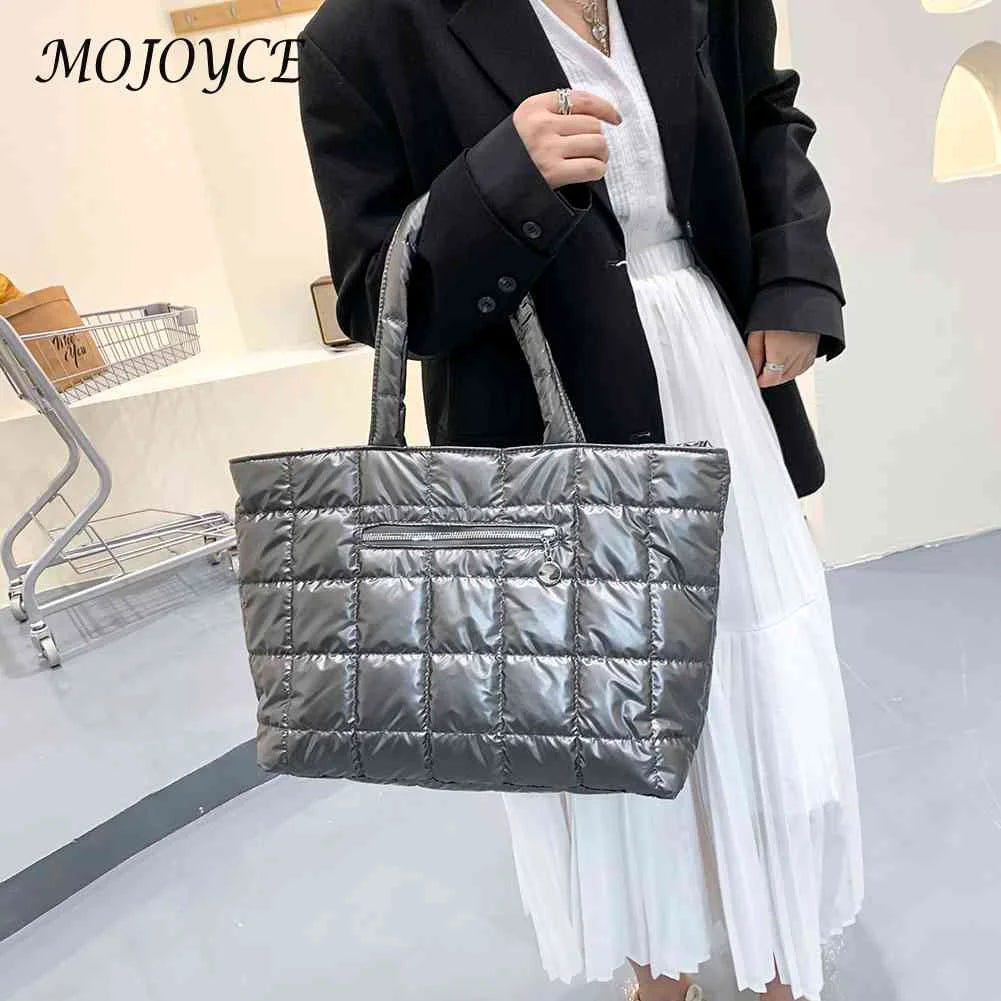 Women Quilted Lattice Shoulder Bag Solid Nylon Large Tote Handbags
