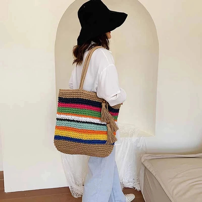 Rainbow Bohemian Straw Beach Bag High Capacity Tote