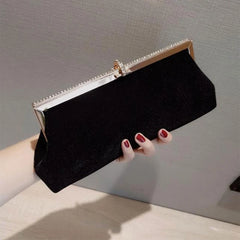Retro Velvet Evening Clutch Bag with Rhinestone Buckle